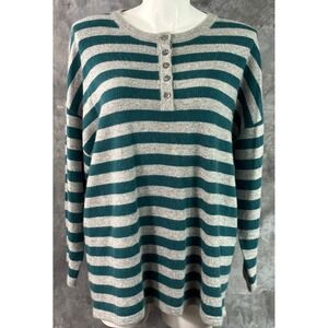 100% Cashmere Green & Gray Striped 1/4 Button Crew Neck Sweater 2X (15689)